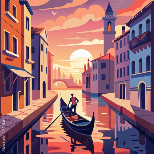 A man is rowing a boat in a canal. The sky is orange and the sun is setting. The scene is peaceful and serene