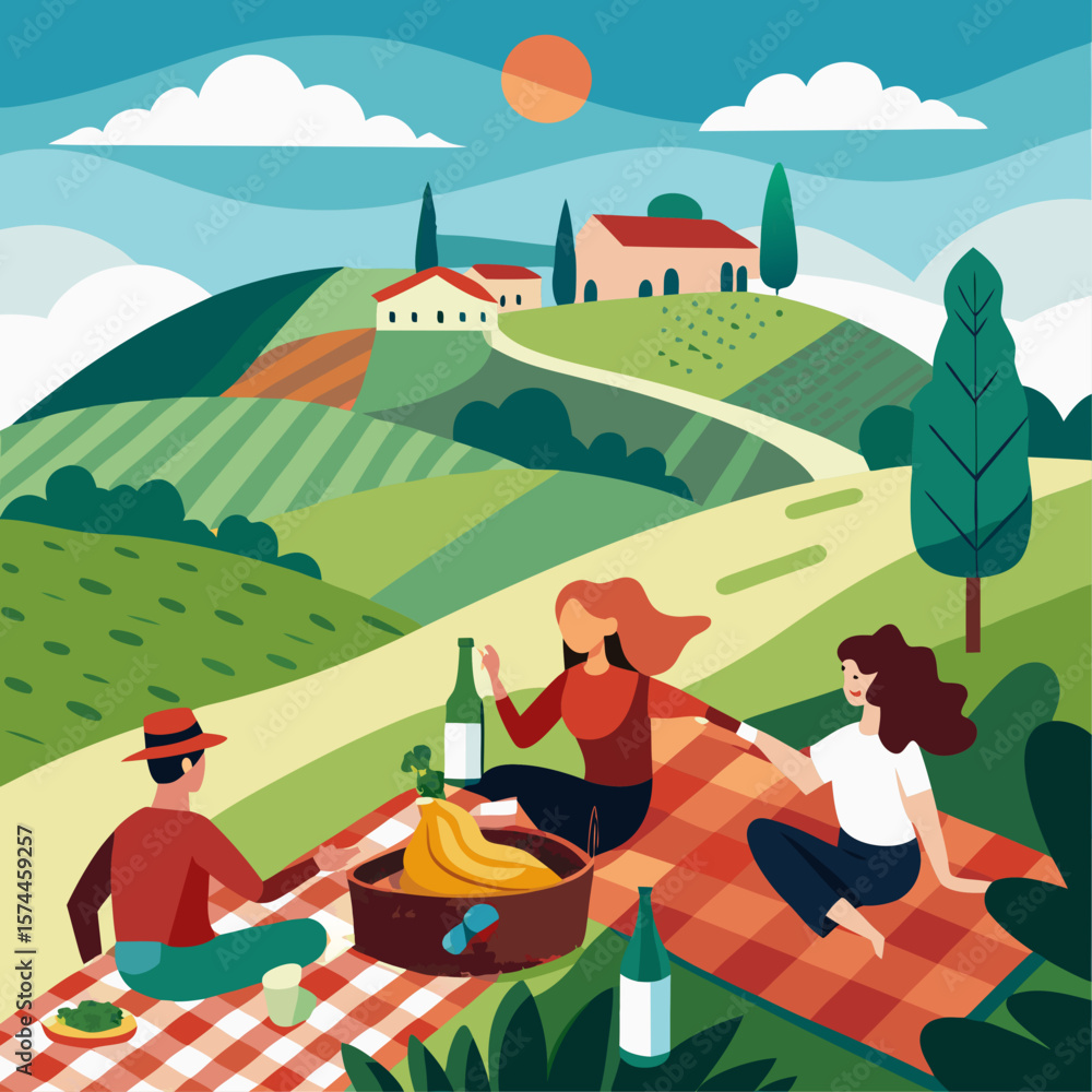 Obraz premium A group of people are enjoying a picnic in a beautiful countryside setting. There are several bottles of wine and a bowl of food on the blanket. The atmosphere is relaxed and peaceful