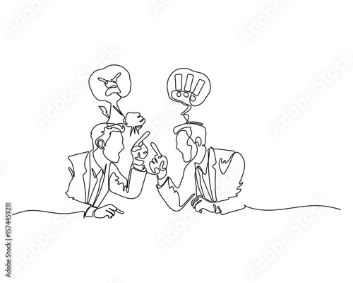 Continuous line drawing of two businessmen arguing intensely with expressive speech bubbles. Concept of workplace conflict, disagreement, emotional reaction, and miscommunication in business.