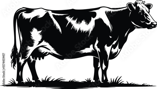 Black and white cow standing in grass livestock farm animal