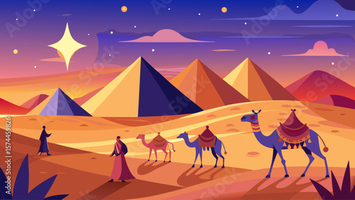 A man and a woman are walking in the desert with camels. The sky is blue and the sun is setting