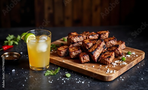 Asado Grilled Beef Meat on a Rustic Wooden Board and Rum Cocktail, Paraguayan Food and Drink