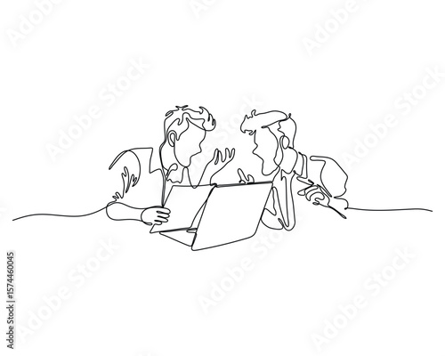 Continuous line drawing of two coworkers arguing over a laptop. Concept of workplace conflict, disagreement, and tension in professional communication or decision-making