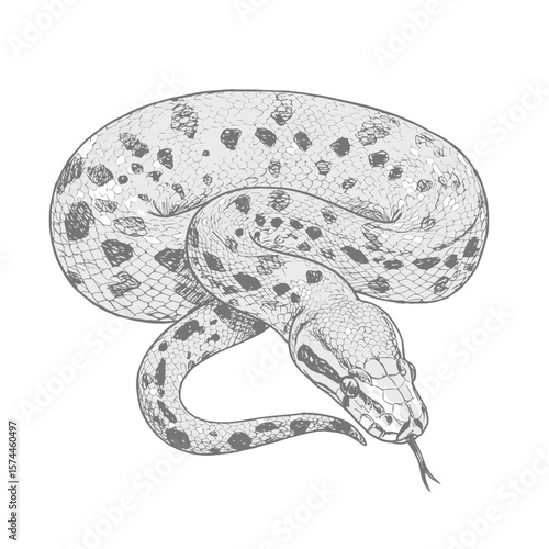  Burmese Python – Python bivittatus. Graceful coiled snake sketch displays patterned scales on white background. Wildlife illustration concept