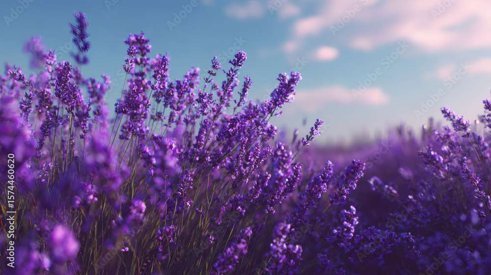 Fototapeta premium Vibrant lavender field in full bloom with a beautiful blue sky and soft clouds in the background.