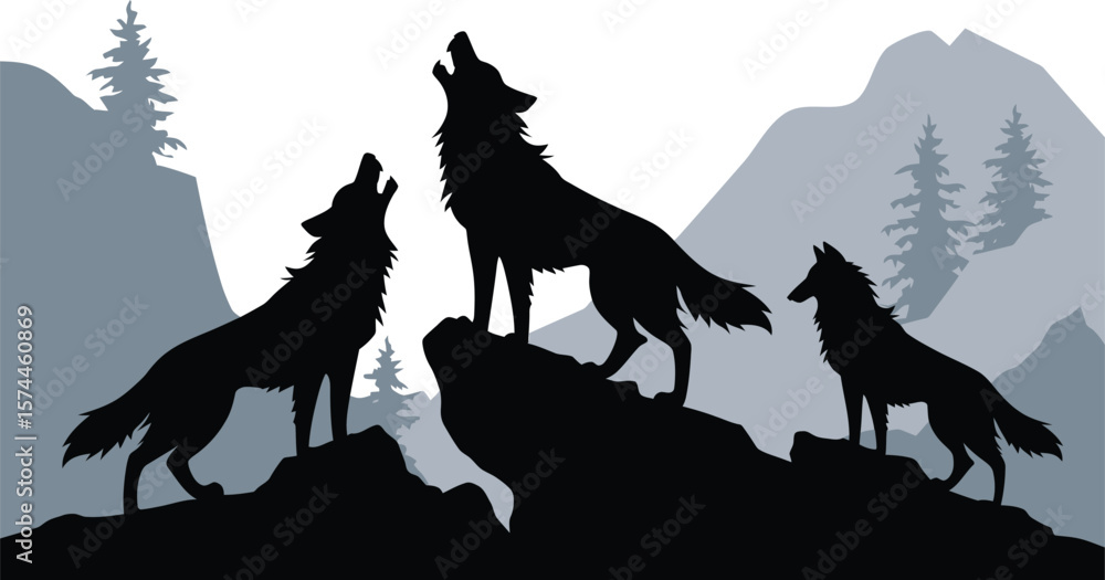 Fototapeta Three wolves howl at the moon amidst a tranquil mountain backdrop, evoking wildlife and wilderness vibes, silhouette