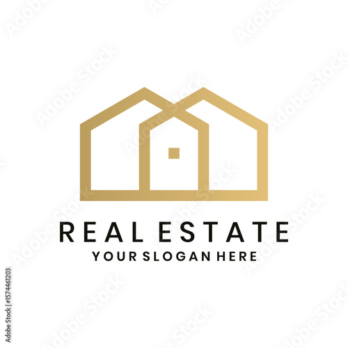 Elegant real estate logo with gold house lines, modern property and construction brand design