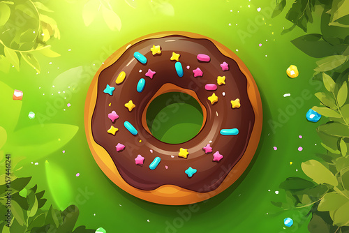 Colorful chocolate donut surrounded by vibrant greenery and playful sprinkles in nature