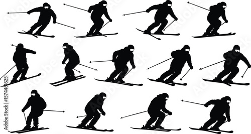 Skiing action silhouettes, skiers jumping, downhill motion, skier turns, snow athlete poses, alpine ski figures, winter sport silhouettes