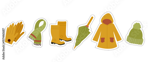Autumn stickers. Clothing stickers. Mackintosh, gloves, boots in autumn colours. Vector illustration EPS 10