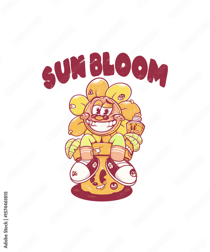Illustration of a cartoon character of a sunflower sitting on a pot and wearing sun block, suitable for branding t-shirts, stickers, etc. Illustration of a cartoon character of a sunflower sitting on a pot and wearing sun block, suitable for branding t-shirts, stickers, etc.