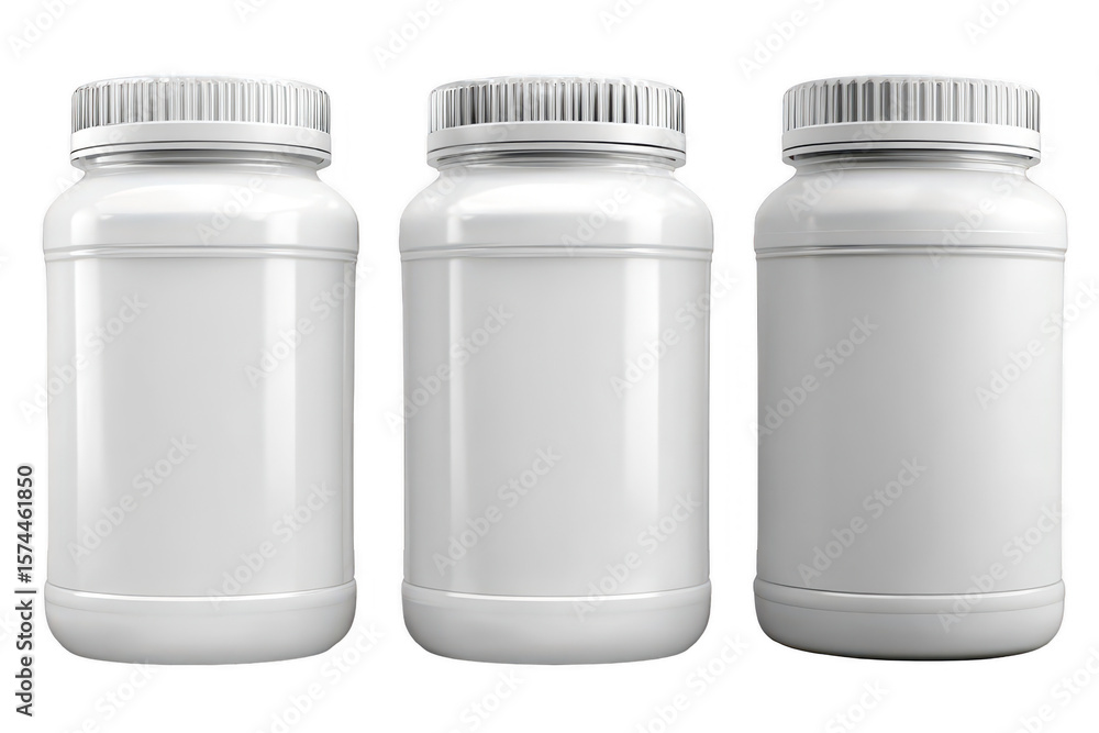 Three blank, white plastic jars with lids Three blank, white plastic jars with lids