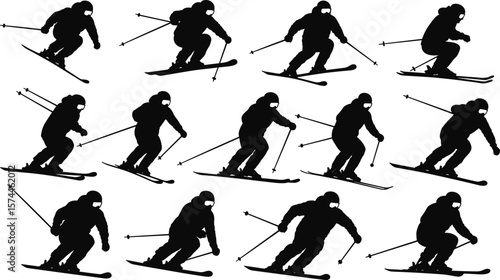 Skiing silhouettes, skier jumping, downhill skier, winter sport poses, alpine skiing, snow sports vector, ski action figures, athlete silhouettes