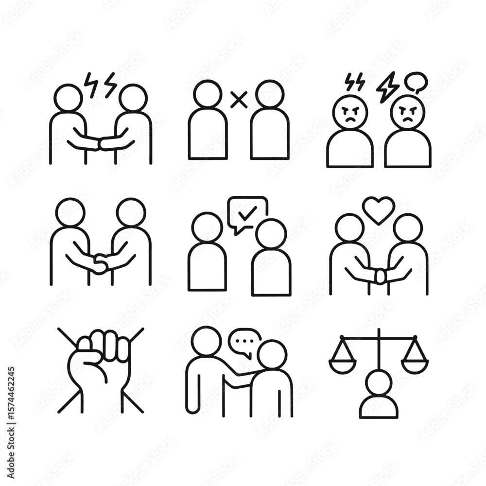Negotiation and diplomacy vector icons set. Outline symbols. Line design Negotiation and diplomacy vector icons set. Outline symbols. Line design
