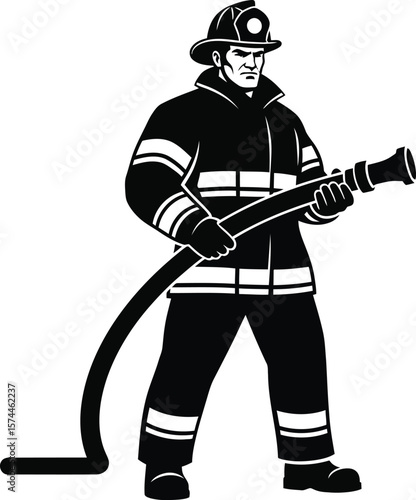 A determined firefighter stands ready with a fire hose, embodying strength and commitment to saving lives