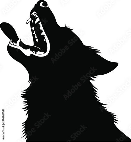 Black wolf howling with open mouth silhouette white