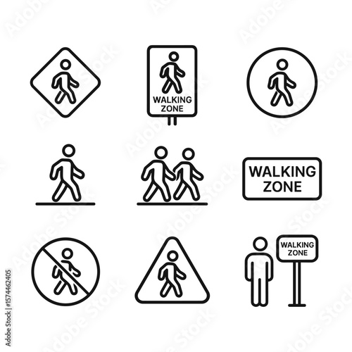 Pedestrian area and footpath navigation icons. Outline symbols. Line design