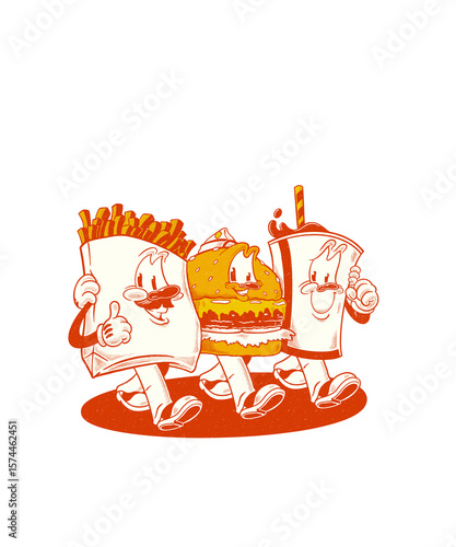 Illustration of cartoon characters of french fries, burgers, and soda drinks walking together in a retro vintage style, suitable for branding