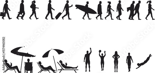 Vacation people silhouettes, beach activities, walking travelers, summer leisure, beach chairs, umbrellas, surfboard, diving, sunbathing, relaxing poses