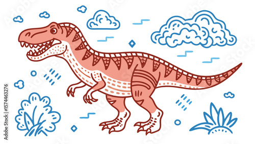 Illustration of a Tyrannosaurus Rex dinosaur pattern scene.
