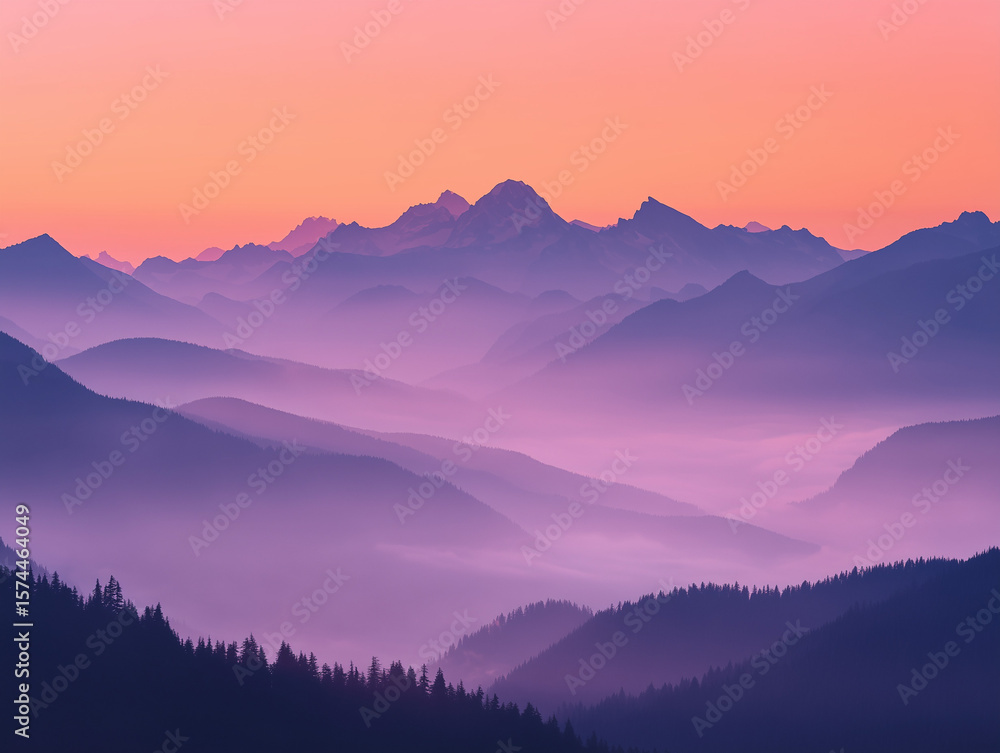 Fototapeta premium Mountain Peaks Through Misty Sunrise