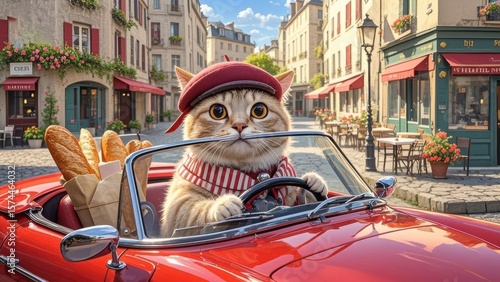 A charming tabby cat wearing a beret drives a red vintage car through the streets of Paris with baguettes beside him, capturing a whimsical Parisian scene .