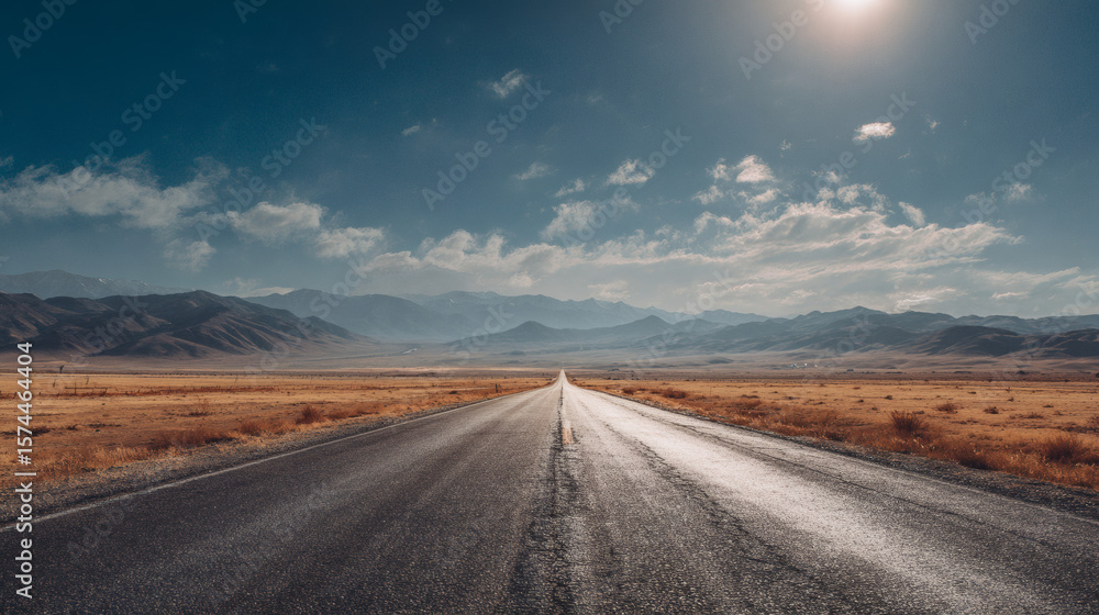 Naklejka premium A long, open road leads towards distant mountains under a bright blue sky.