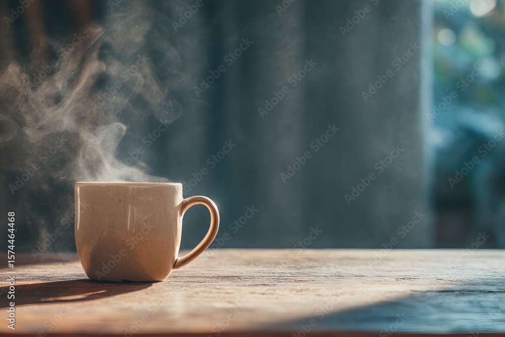 Steaming Mug of Coffee on Wooden Table. Steaming Mug of Coffee on Wooden Table.