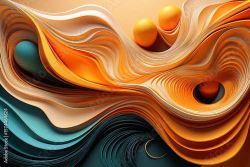 Dynamic Abstract Background with 3D Waves, Spheres, and Circles in Orange and Teal