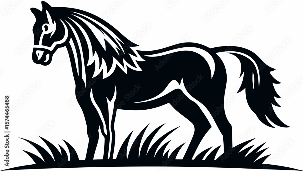 Fototapeta premium Graceful Horse Standing on Grass – Black Vector Stallion Design