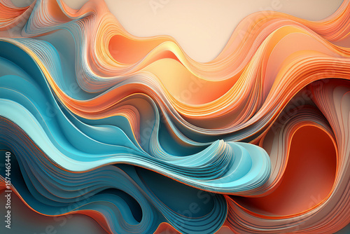 Modern Abstract Background with Flowing 3D Layers in Coral and Teal Colors
