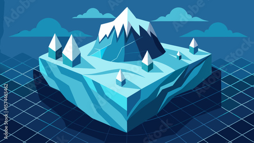 A blue and white image of a mountain with a blue and white island in the middle. The island is surrounded by ice and snow