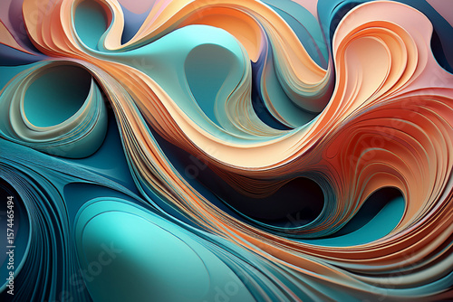 Modern Abstract Background with Flowing 3D Layers in Coral and Teal Colors