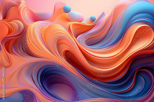 Vibrant Abstract 3D Waves with Flowing Colors and Spheres