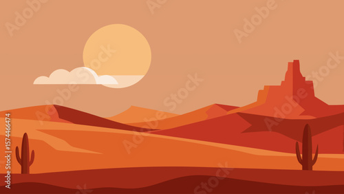 A desert landscape with a cactus and a sun in the sky. The sun is setting, casting a warm glow over the scene