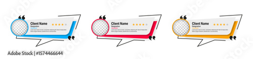 Client testimonials templates with photo, name, job title, and rating in clean blue, red, and yellow layouts for feedback or reviews UI design.