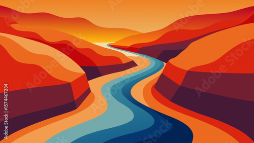 A river runs through a canyon with orange and brown hills in the background. The water is blue and the hills are orange