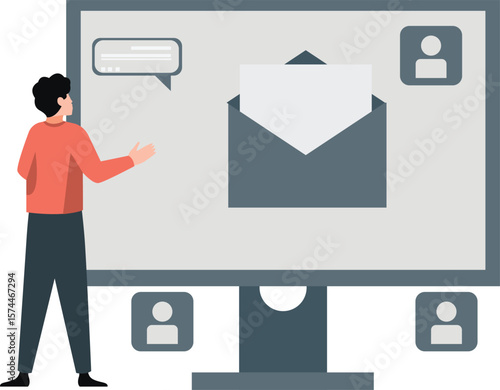 The boy presents mail profiles on monitor