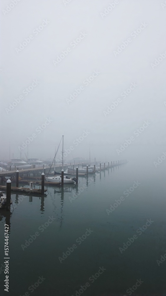 Fototapeta premium Fog horn echoes through misty docks and anchored boats