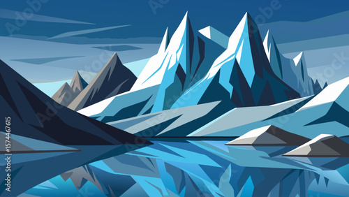 A mountain range with a lake in the foreground. The mountains are covered in snow and the lake is calm and reflective. The sky is dark and cloudy, giving the scene a moody and serene atmosphere