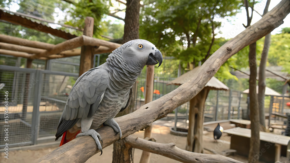 Obraz premium African grey parrot perched on branch in aviary zoo park wildlife bird animal pet nature conservation habitat