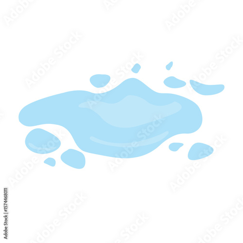 Vector illustration of a blue water puddle with scattered droplets on a white background. Flat cartoon style, ideal for cleaning, hygiene, environment, or educational graphics.