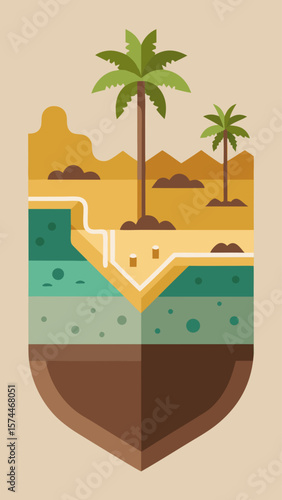 A drawing of a water pipe with a mountain in the background. The water pipe is in a hole in the ground