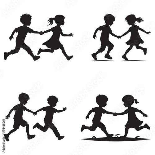 Silhouette icon of two kids running side by side one reaching out to hold the other's hand childhood friendship