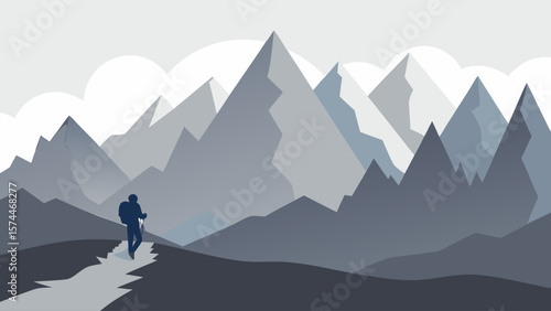 A man is walking on a path in the mountains. The mountains are covered in snow and the sky is cloudy. The man is carrying a backpack and he is enjoying the scenery