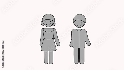 Minimal loop animation of a smiling girl and boy walking side by side – cartoon-style characters in grey tones with subtle motion on transparent background. Ideal for topics like childhood, school.