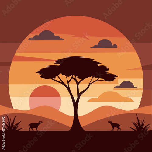 A beautiful landscape with a tree and mountains in the background. The sky is orange and the sun is setting
