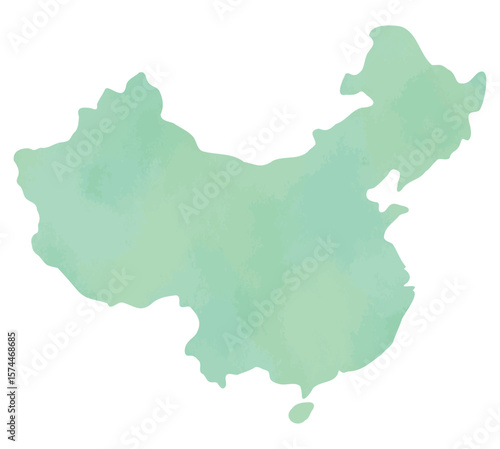 Watercolor style silhouette map of China in soft green tone on white background

