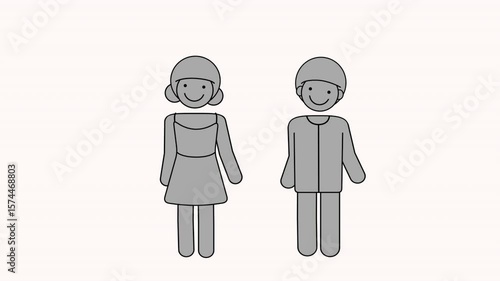 Minimal loop animation of a smiling girl and boy walking side by side – cartoon-style characters in grey tones with subtle motion on transparent background. Ideal for topics like childhood, school.