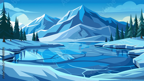 A mountain range with a river running through it. The water is frozen and the sky is cloudy